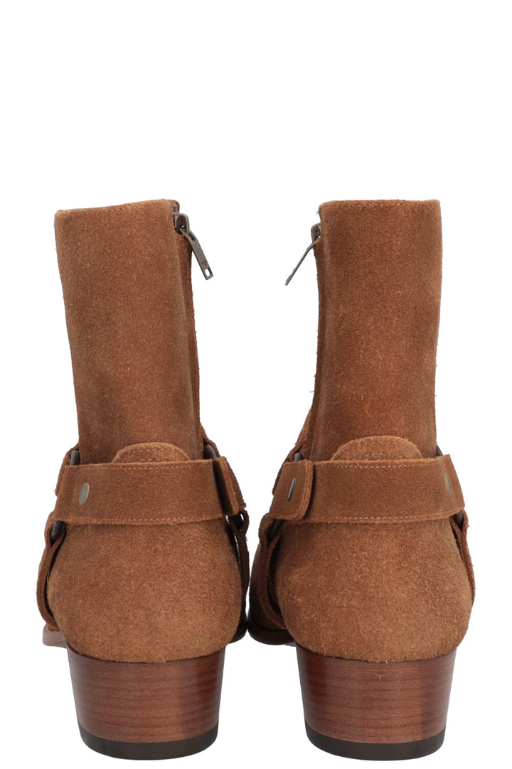 SAINT LAURENT Wyatt Harness Ankle Boots Suede Beige
