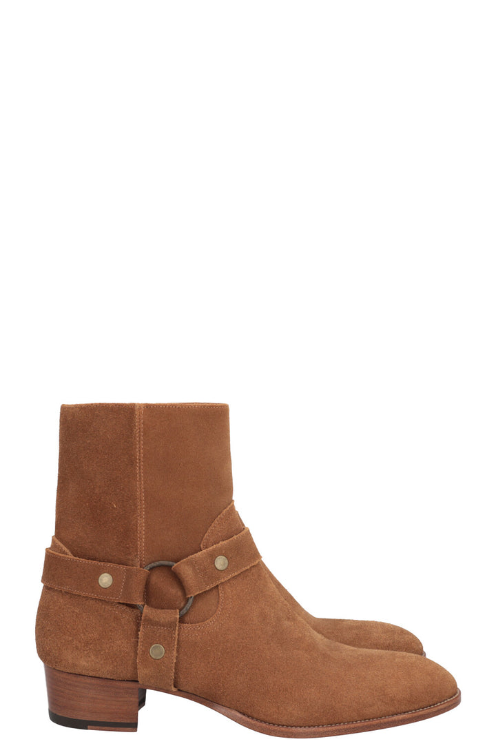 SAINT LAURENT Wyatt Harness Ankle Boots Suede Beige