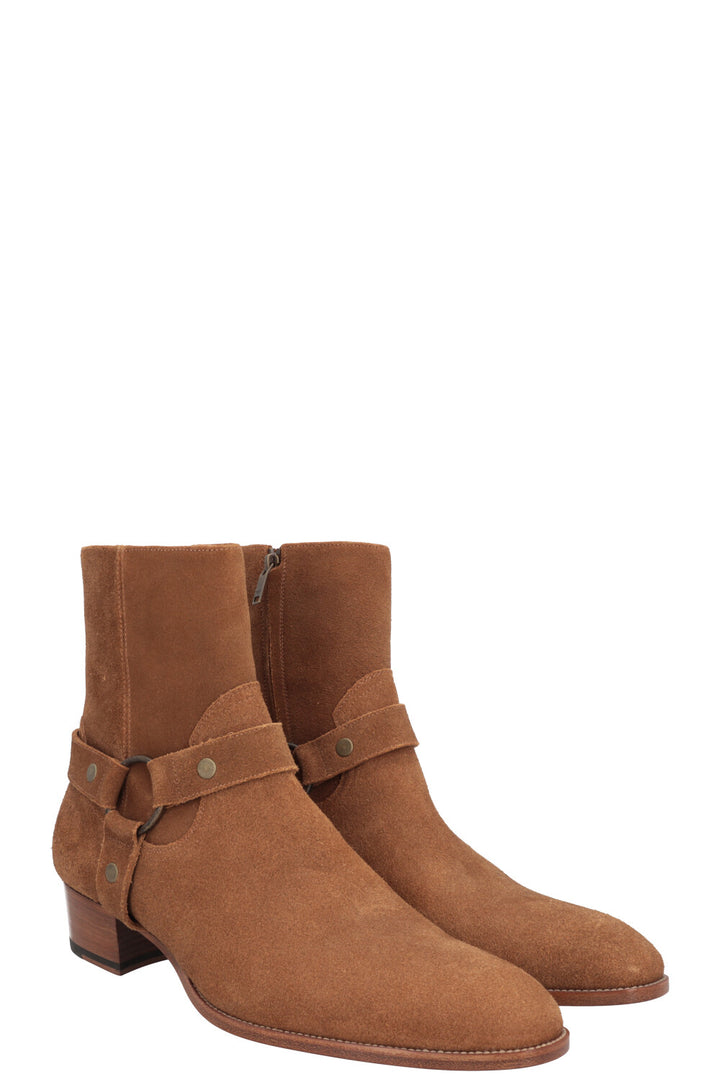 SAINT LAURENT Wyatt Harness Ankle Boots Suede Beige