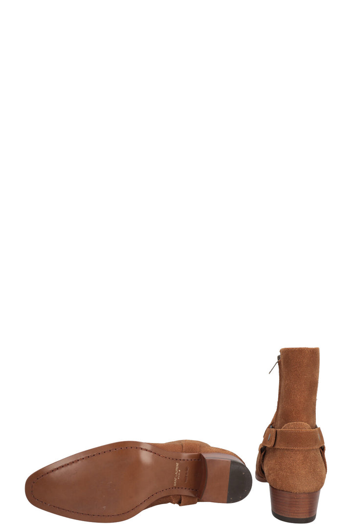 SAINT LAURENT Wyatt Harness Ankle Boots Suede Beige