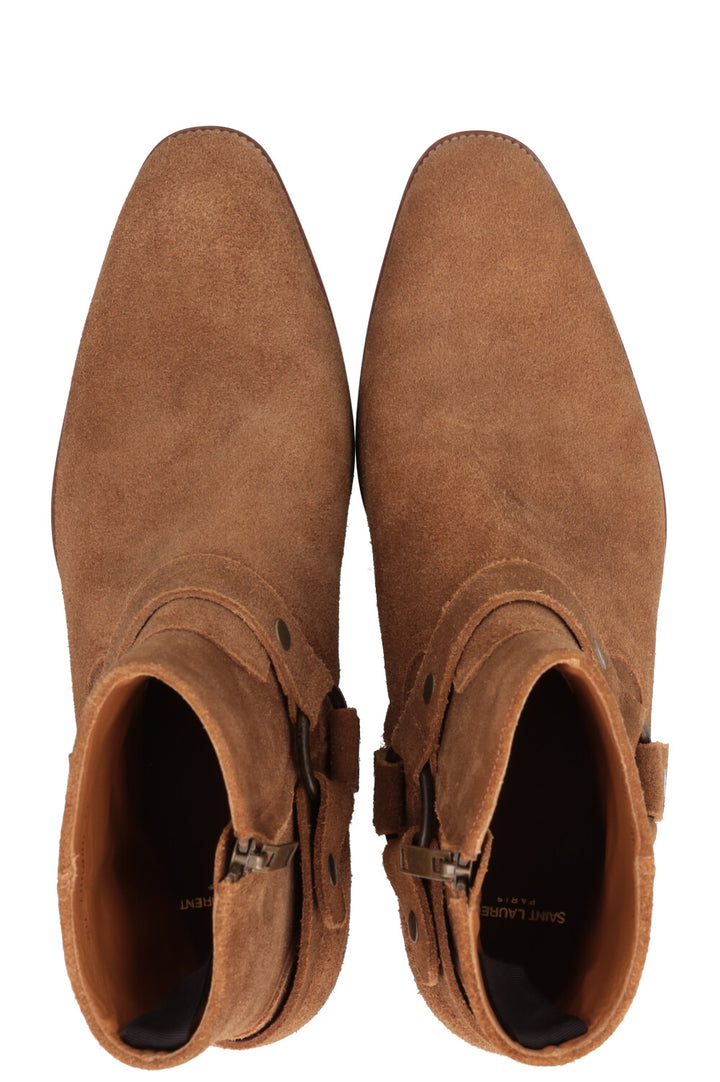 SAINT LAURENT Wyatt Harness Ankle Boots Suede Beige