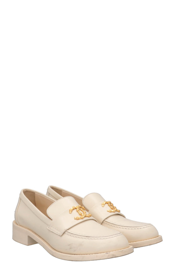 CHANEL CC Loafers White Gold
