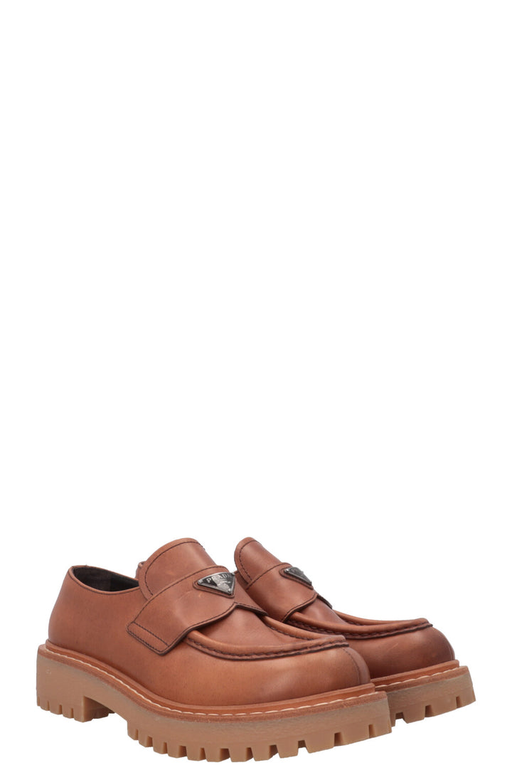 PRADA Logo Platform Loafers Leather Brown