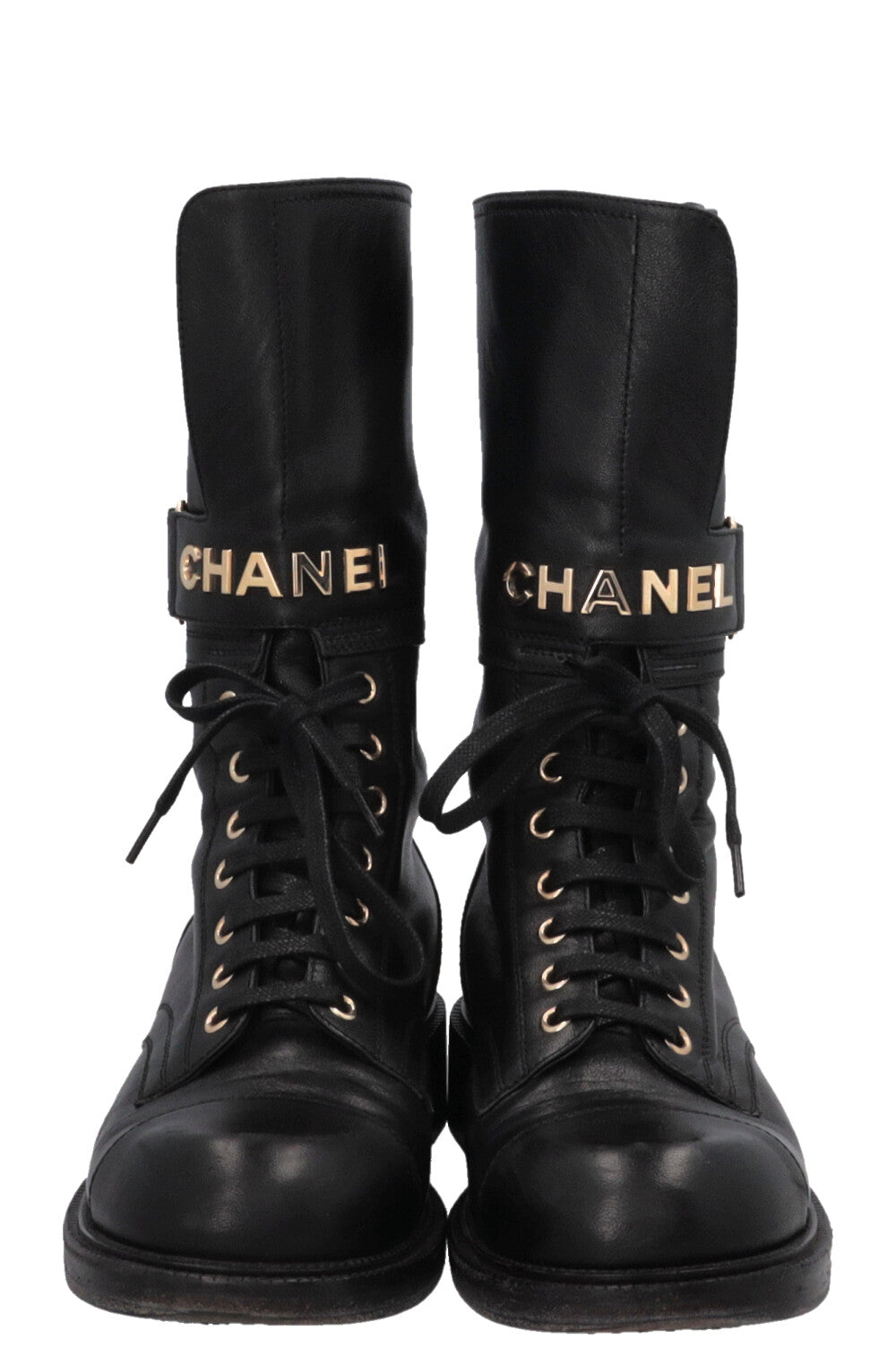CHANEL 2022 Lace Up Logo Biker Boots Leather Black