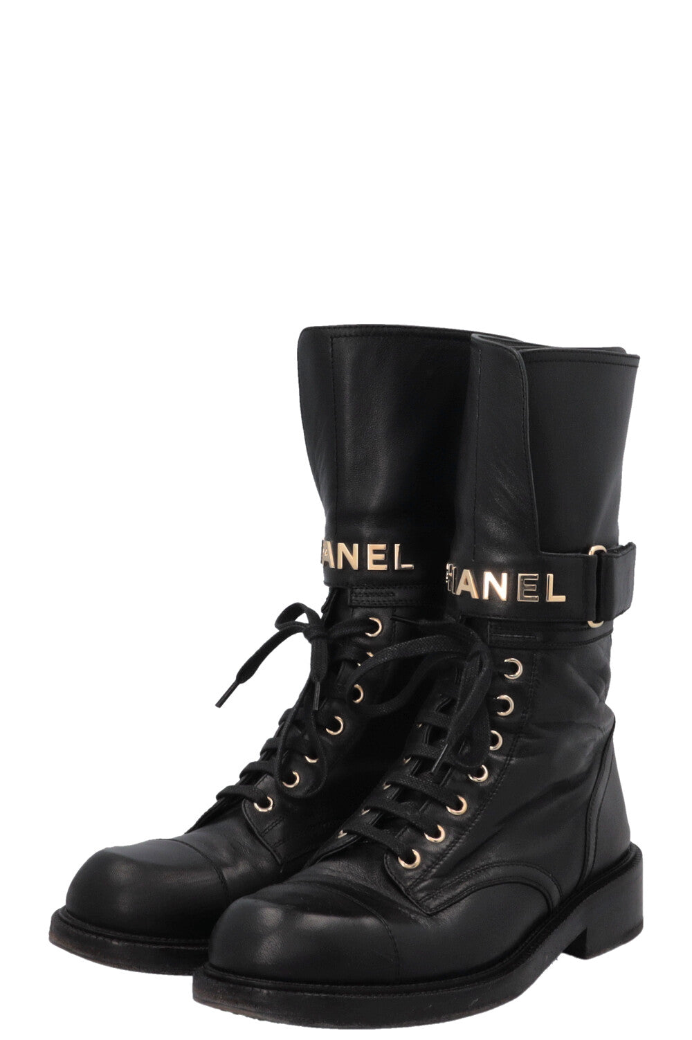CHANEL 2022 Lace Up Logo Biker Boots Leather Black