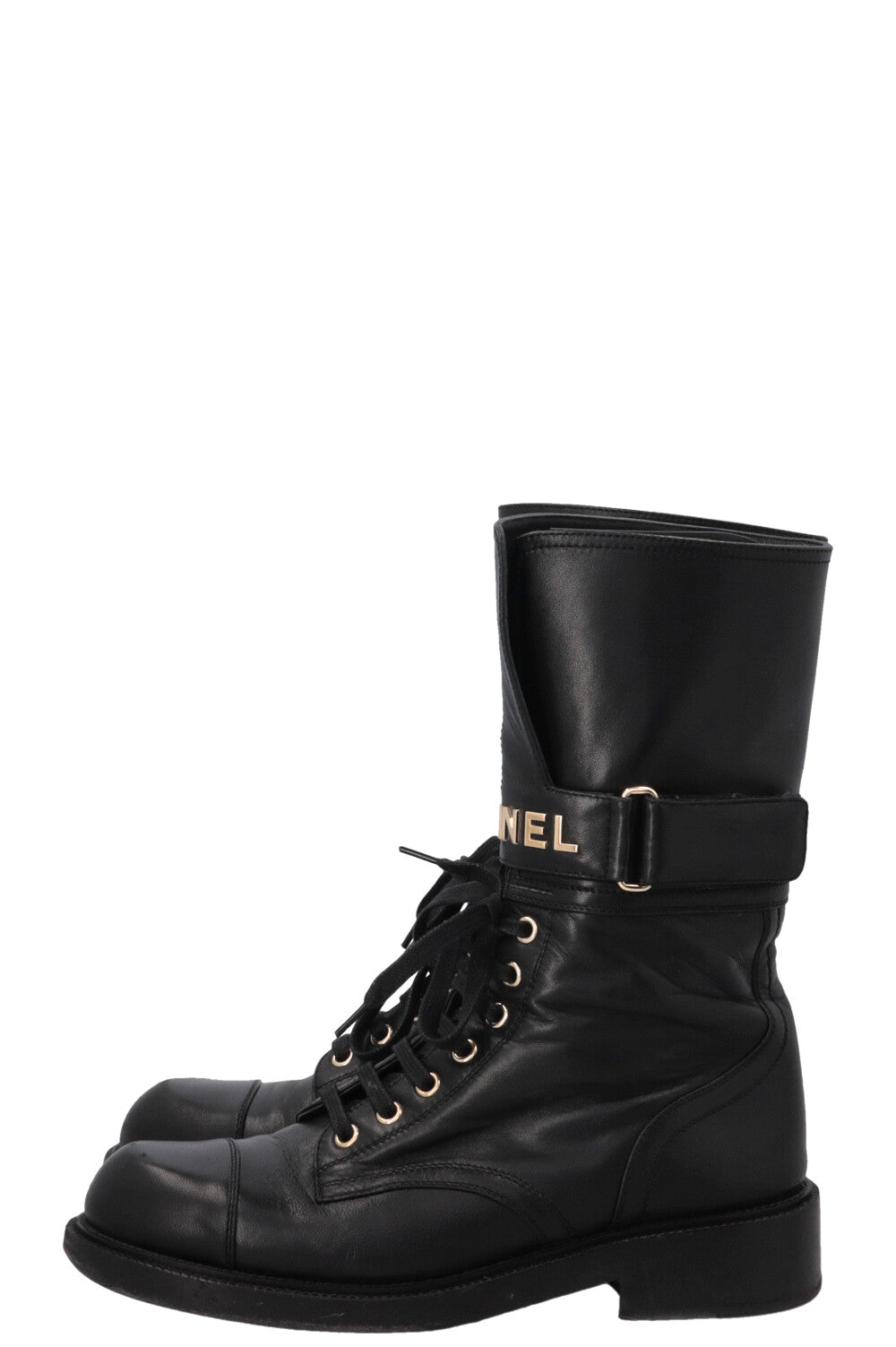 CHANEL 2022 Lace Up Logo Biker Boots Leather Black