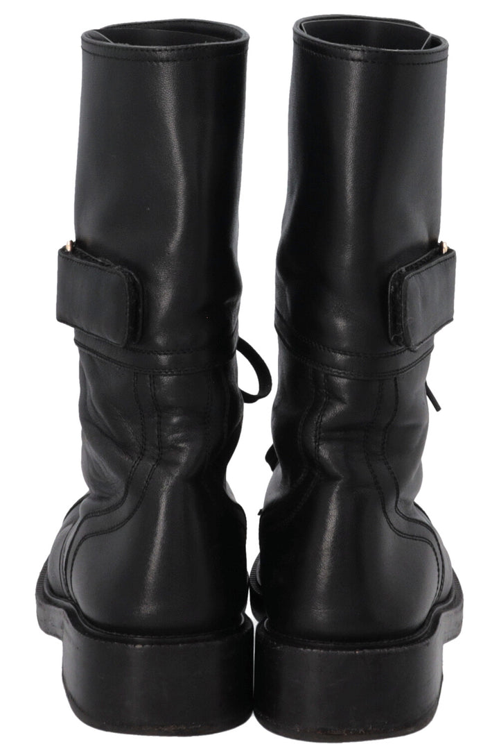 CHANEL 2022 Lace Up Logo Biker Boots Leather Black