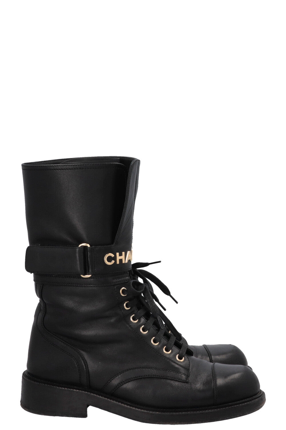 CHANEL 2022 Lace Up Logo Biker Boots Leather Black