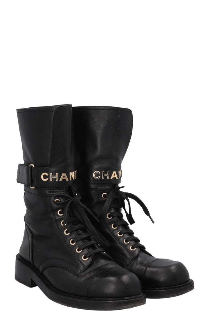 CHANEL 2022 Lace Up Logo Biker Boots Leather Black