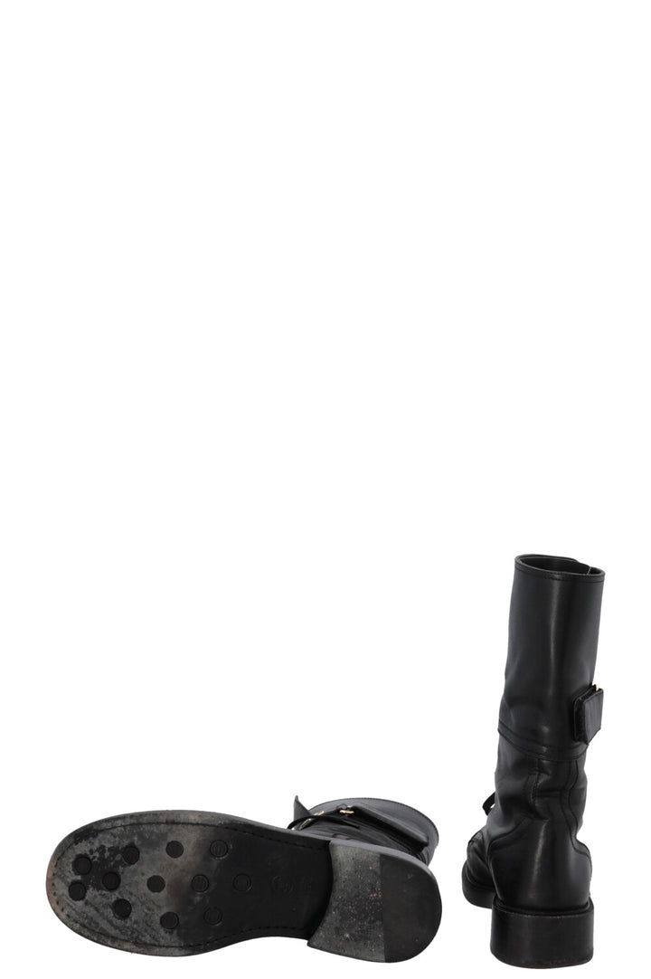 CHANEL 2022 Lace Up Logo Biker Boots Leather Black