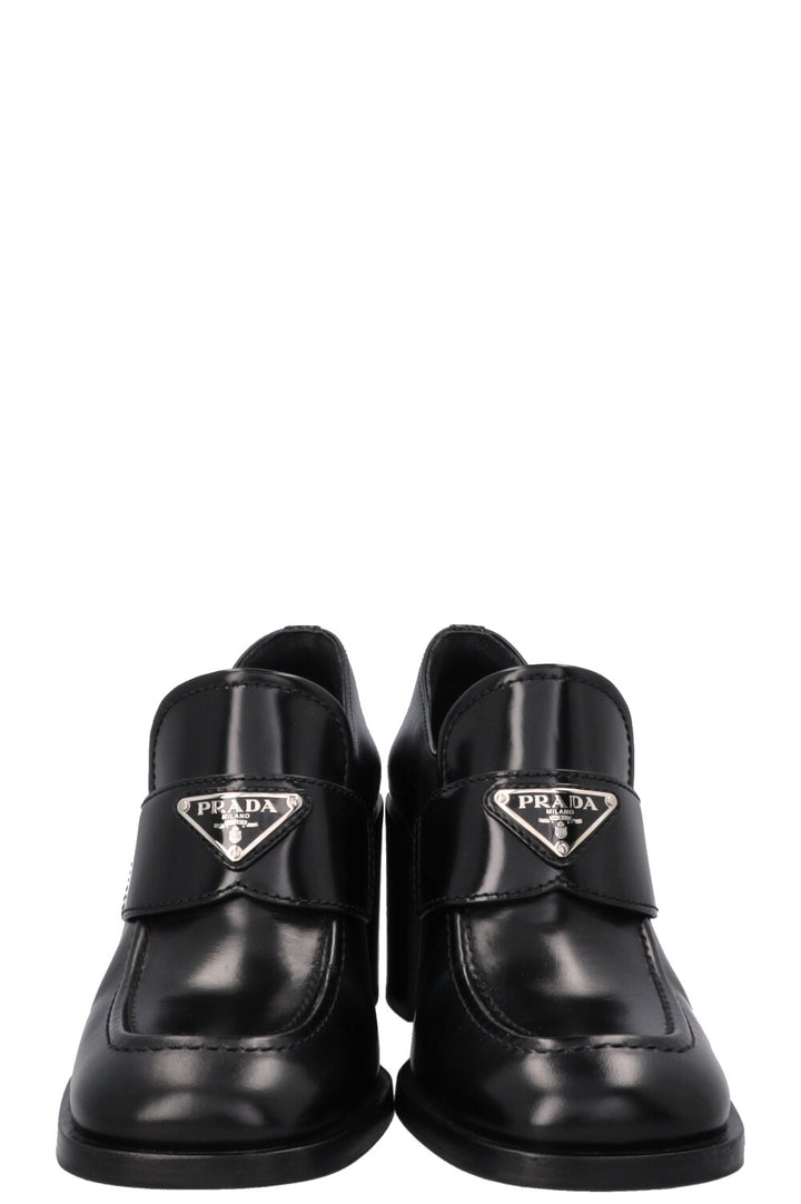 PRADA Logo Loafer Heels Black Leather