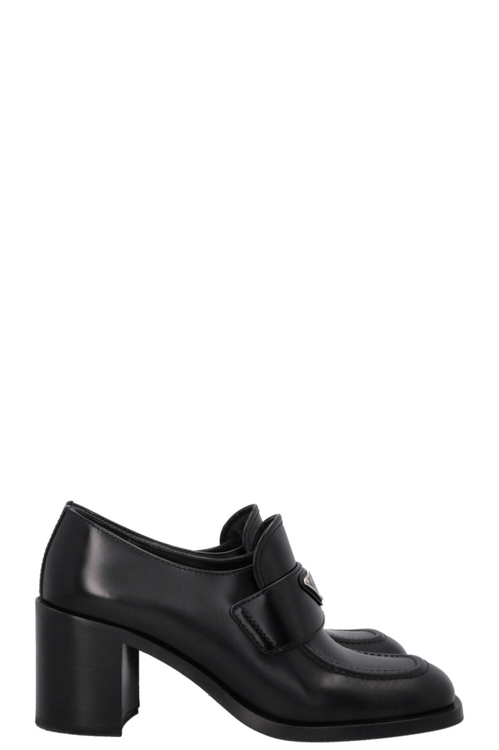 PRADA Logo Loafer Heels Black Leather