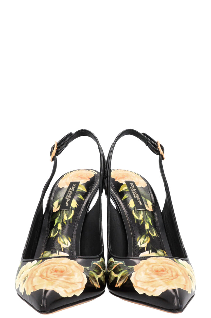 DOLCE & GABBANA Flower Print Slingback Pumps Black Yellow