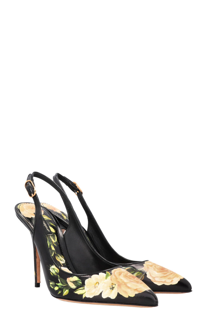 DOLCE & GABBANA Flower Print Slingback Pumps Black Yellow