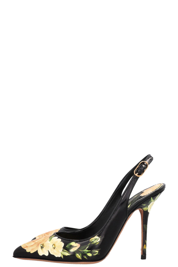 DOLCE & GABBANA Flower Print Slingback Pumps Black Yellow