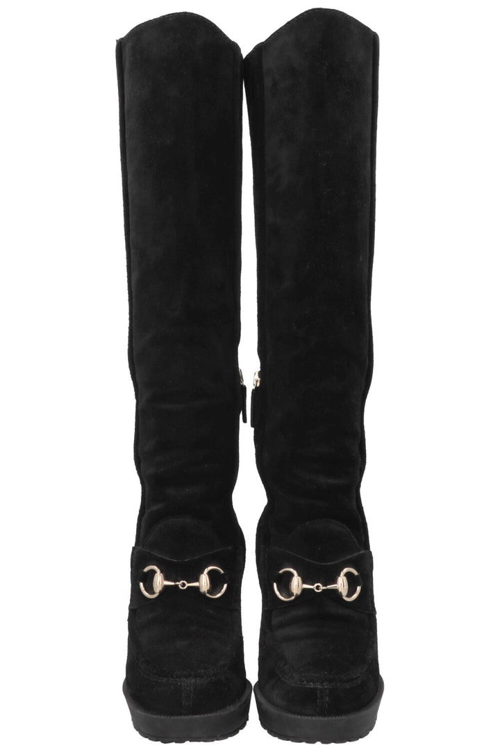 GUCCI Horsebit Suede Knee High Boots Black