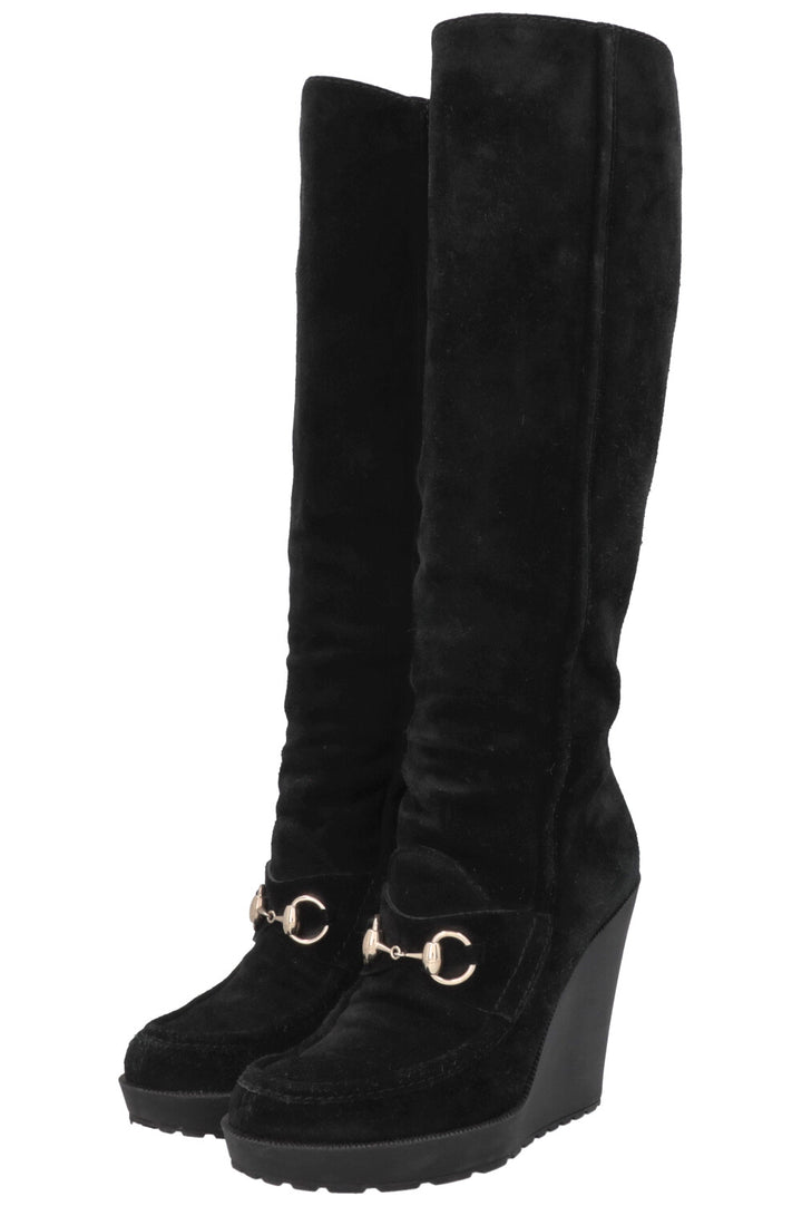 GUCCI Horsebit Suede Knee High Boots Black