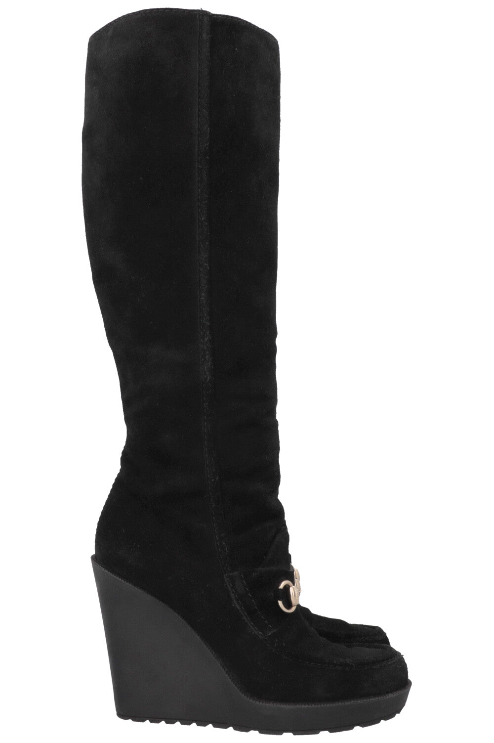 GUCCI Horsebit Suede Knee High Boots Black