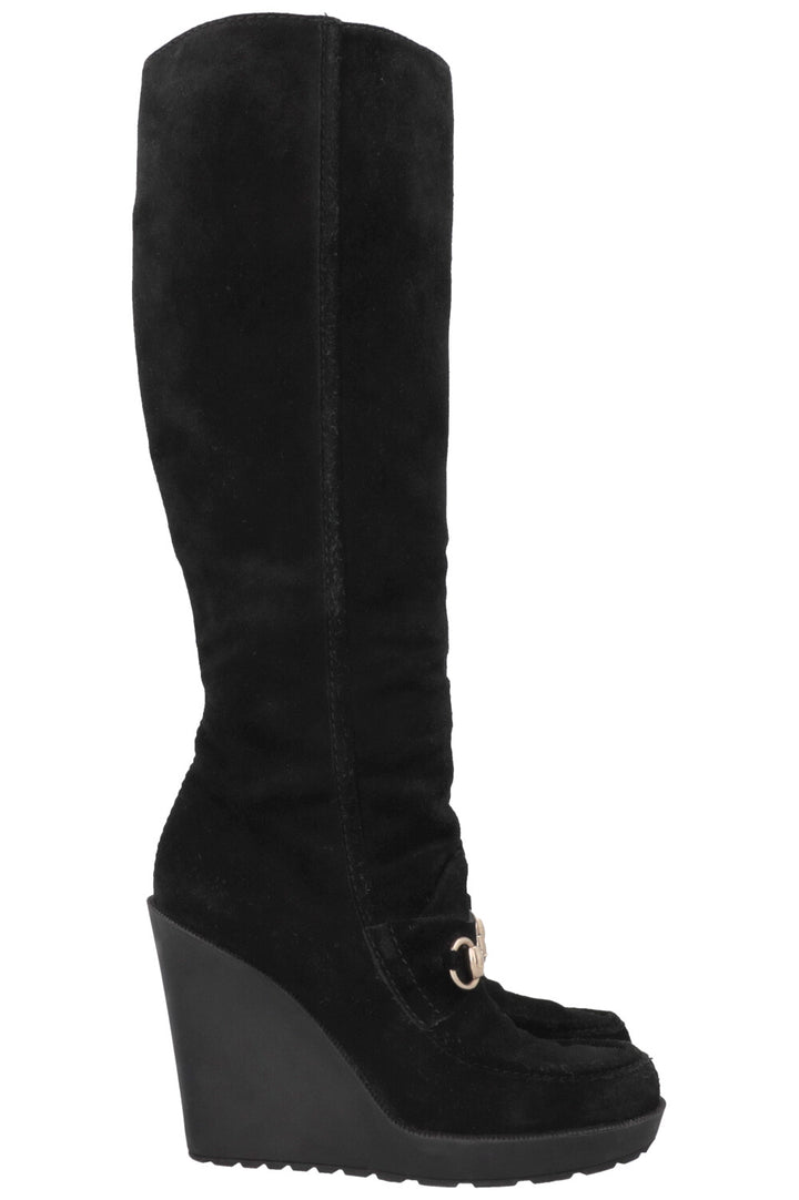 GUCCI Horsebit Suede Knee High Boots Black