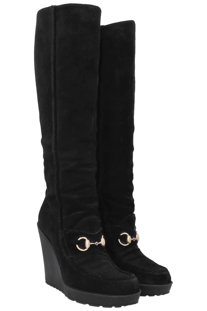 GUCCI Horsebit Suede Knee High Boots Black