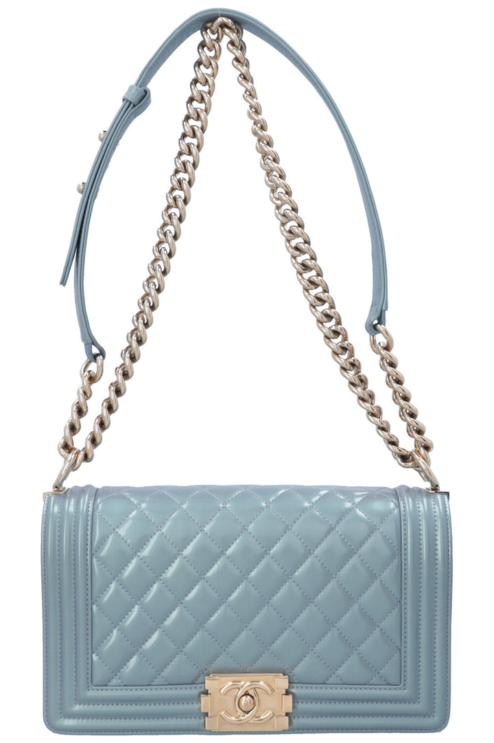 CHANEL Boy Bag Medium Patent Iridescent Blue