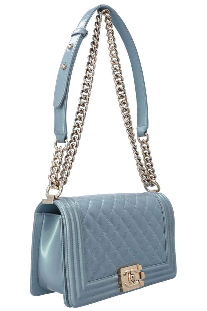 CHANEL Boy Bag Medium Patent Iridescent Blue