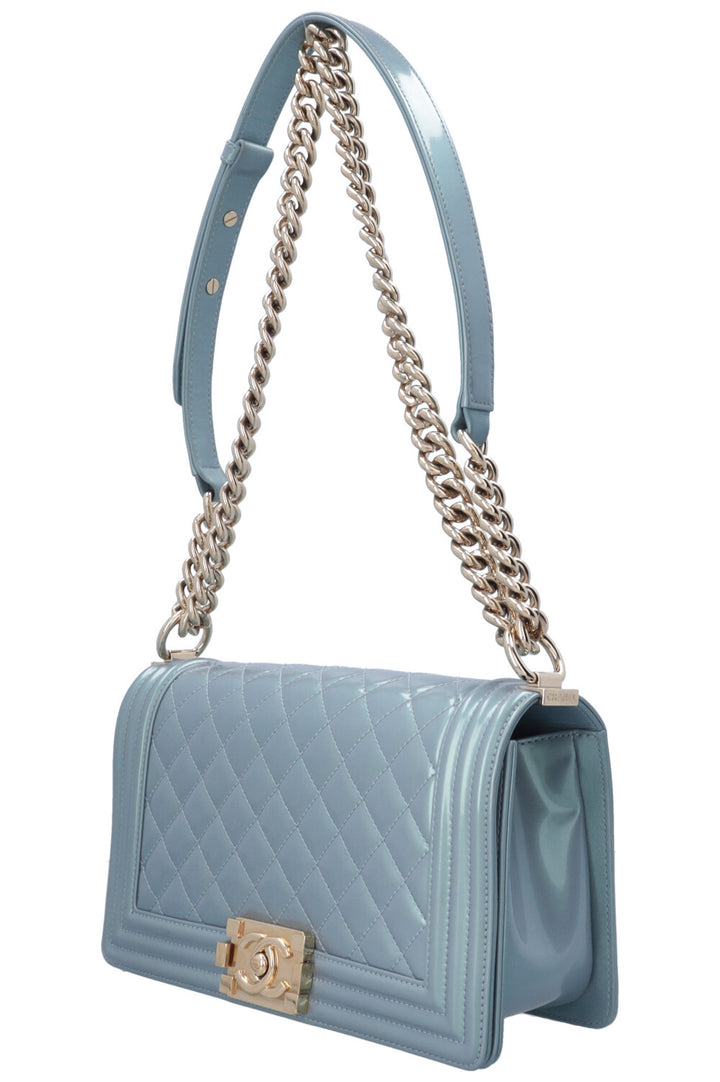 CHANEL Boy Bag Medium Patent Iridescent Blue