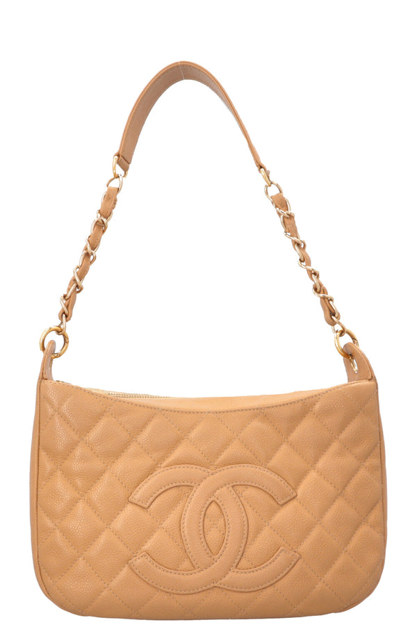 CHANEL CC Quilted Shoulder Bag Caviar Beige