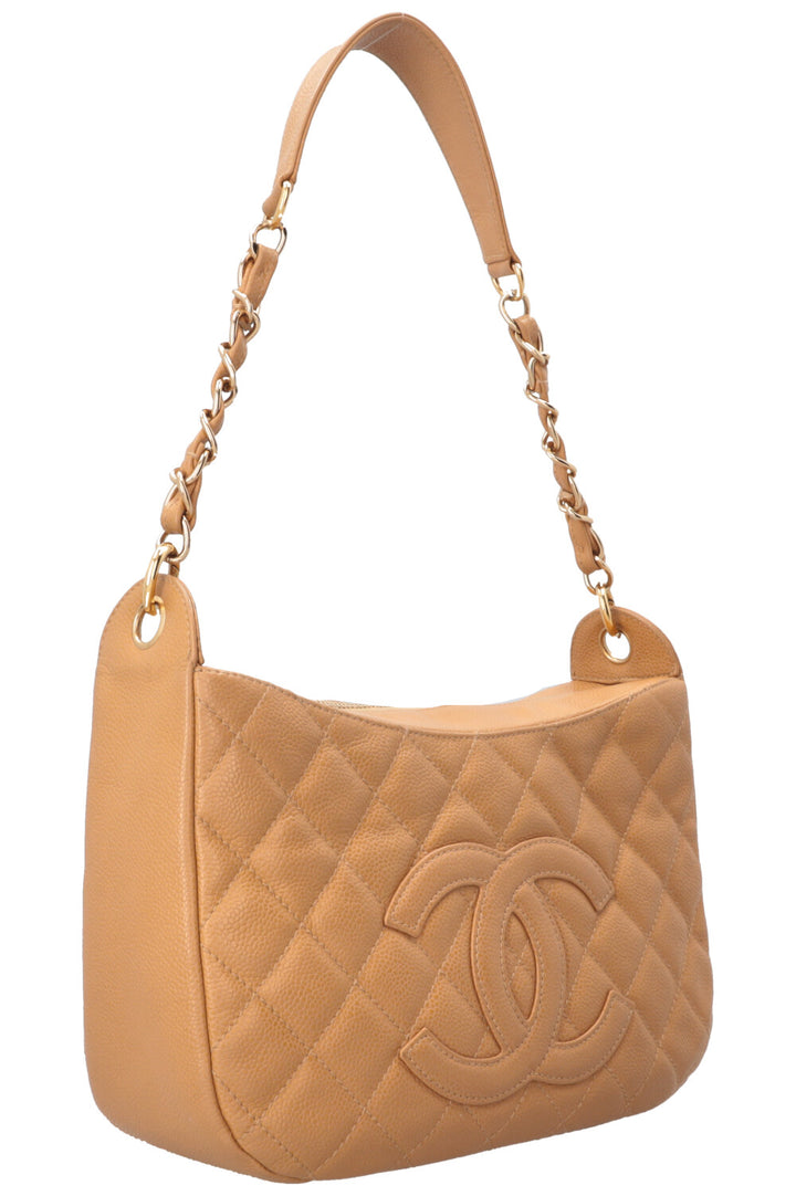 CHANEL CC Quilted Shoulder Bag Caviar Beige