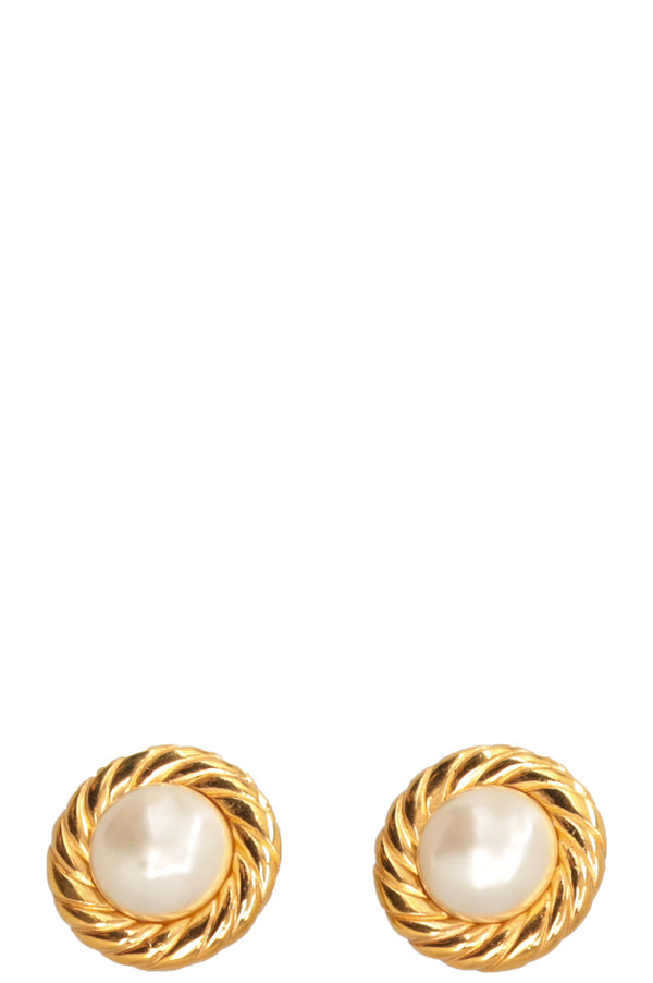 CHANEL Vintage Clip Earrings Large Pearl Gold Crown