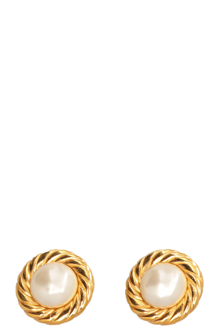 CHANEL Vintage Clip Earrings Large Pearl Gold Crown
