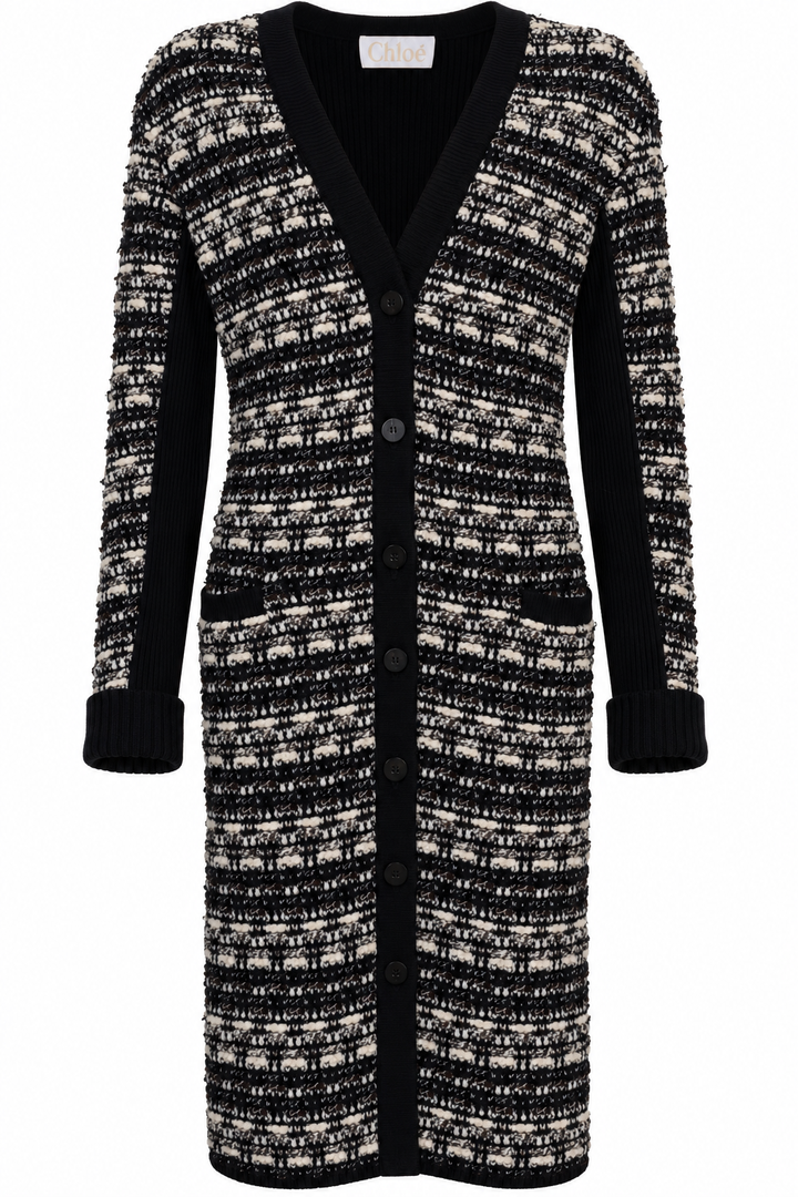 CHLOÉ Maxi Cardigan Tweed Wool Navy