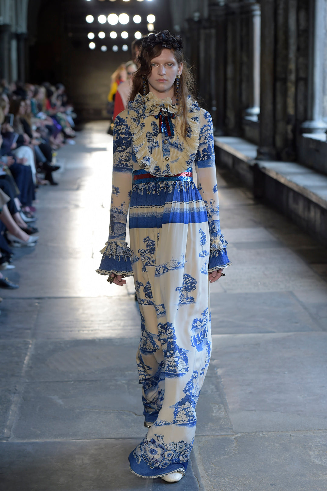 GUCCI Porcelain Garden Printed Ruffled Gown In Ivory And Blue – REAWAKE