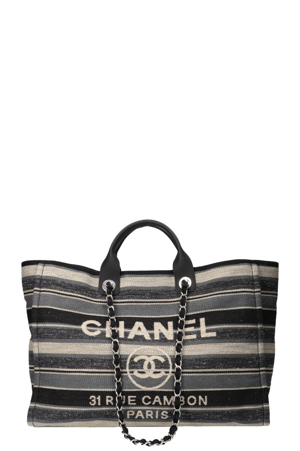 CHANEL Large Deauville Tote Bag Canvas Gray &amp; Beige