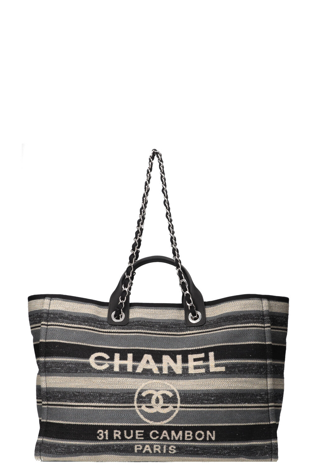 CHANEL Large Deauville Tote Bag Canvas Grey & Beige