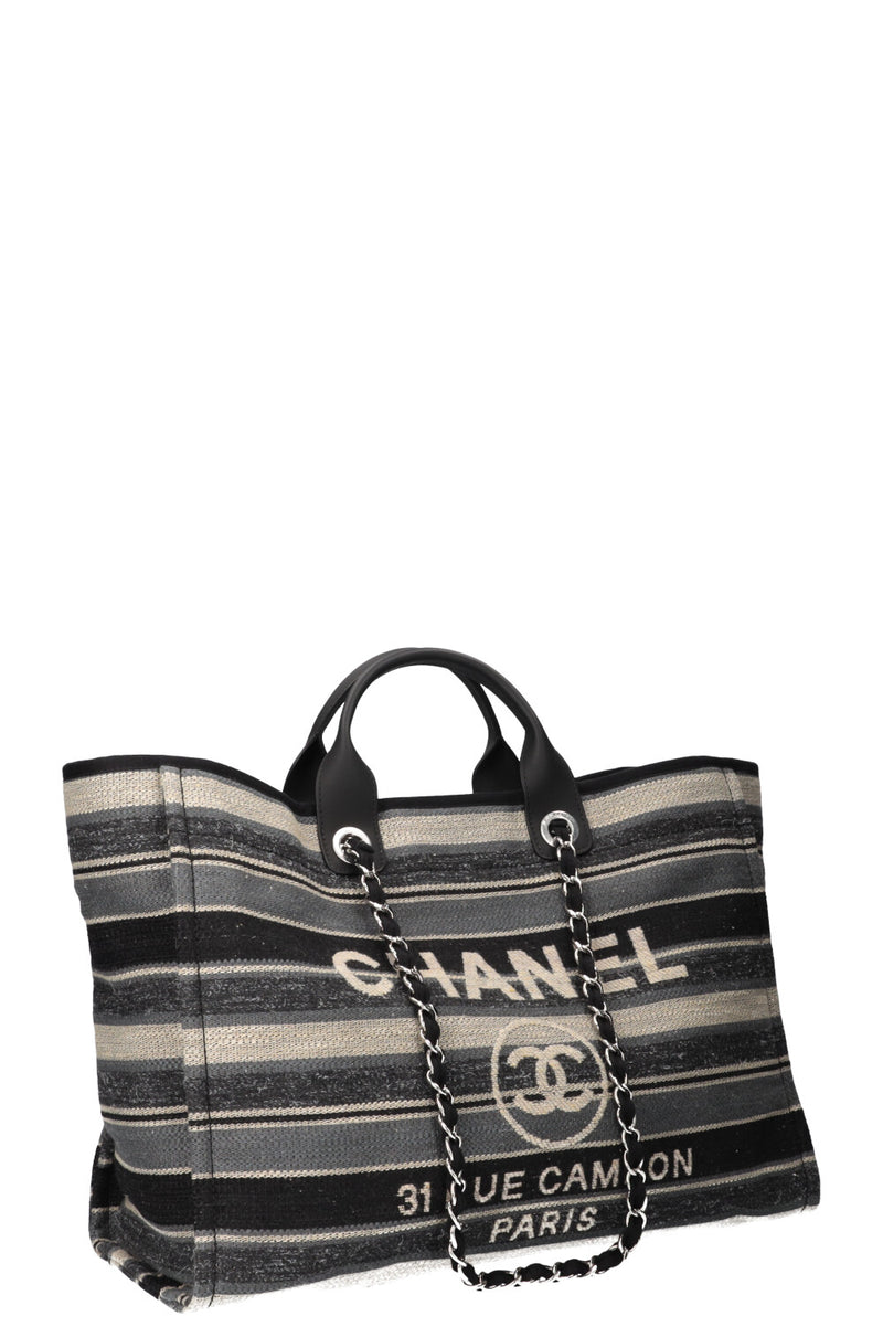 CHANEL Large Deauville Tote Bag Canvas Grey & Beige