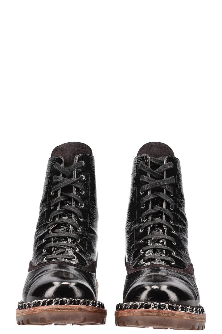 CHANEL Salzburg Chain Boots Patent Black