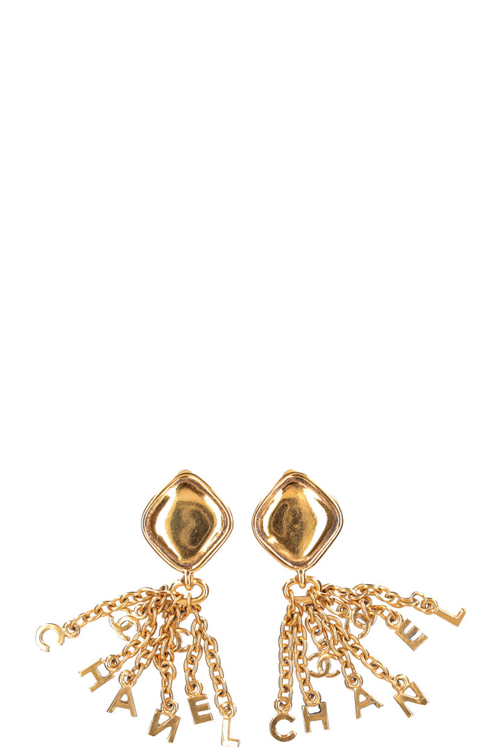 CHANEL Earclips Dangle Logo Gold