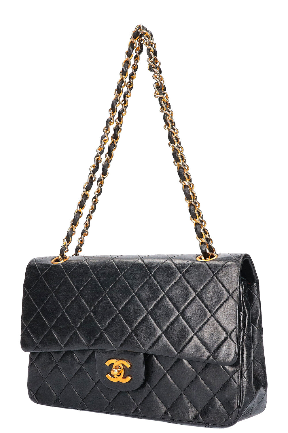 Black Quilted Lambskin Paris Double Flap Gold and Silver Hardware, 1986-1988