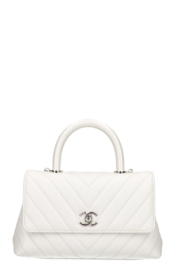 Chanel Small Coco Handle Bag Chevron Caviar White 2019