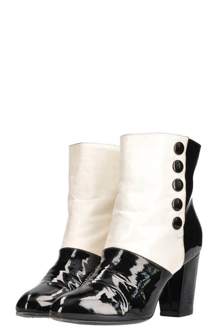 CHANEL Ankle Boots Patent Black White