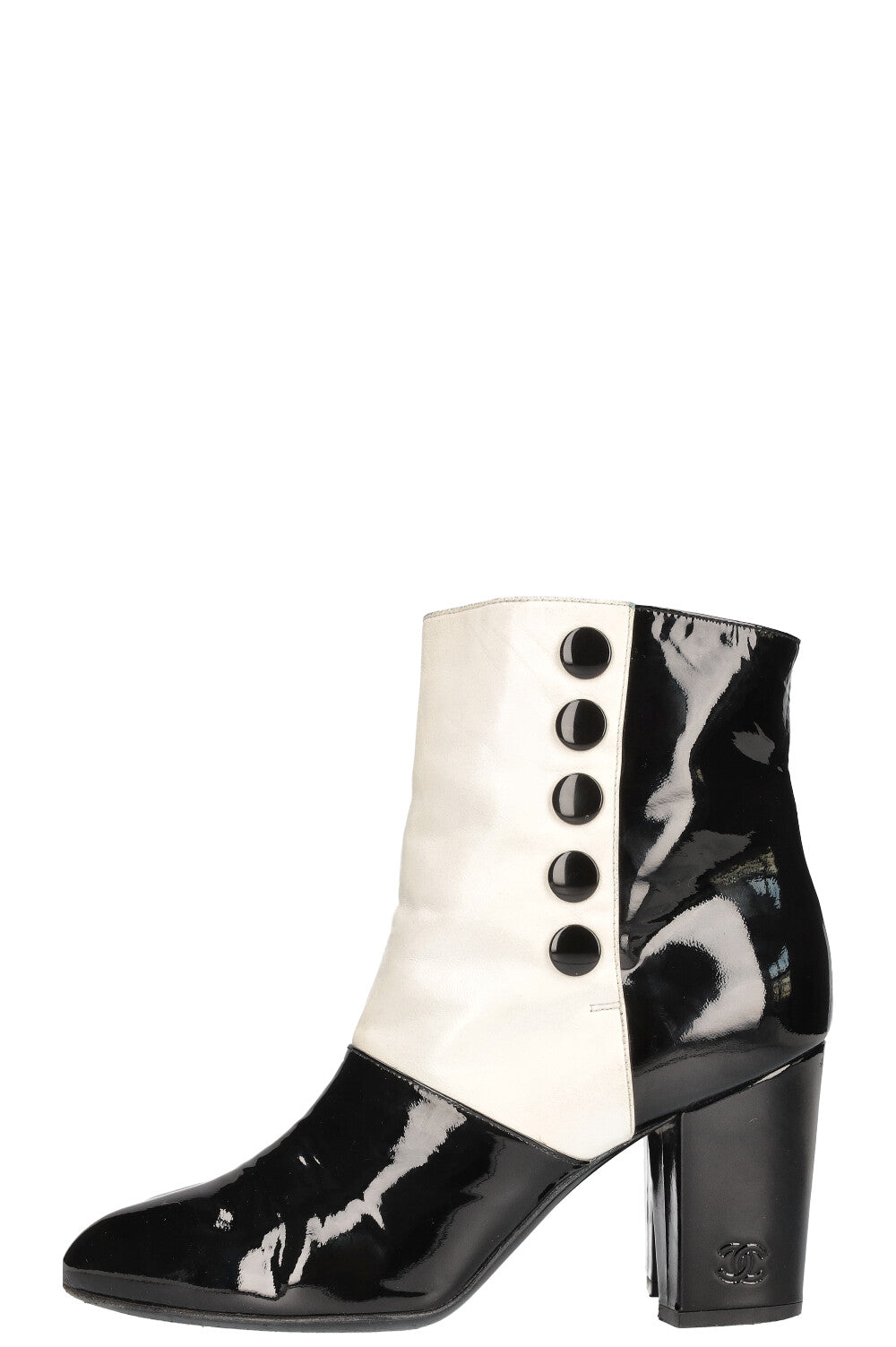 CHANEL Ankle Boots Patent Black White