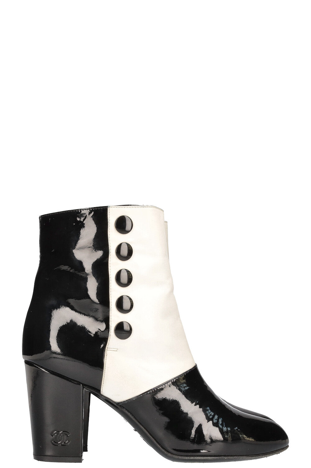 CHANEL Ankle Boots Patent Black White