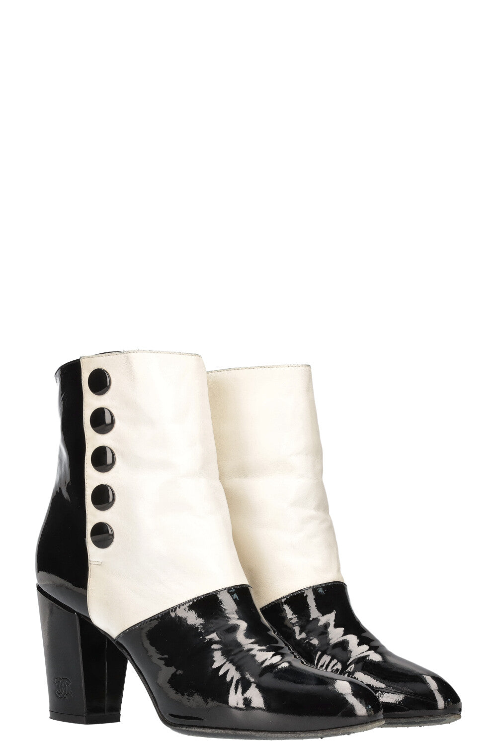 CHANEL Ankle Boots Patent Black White