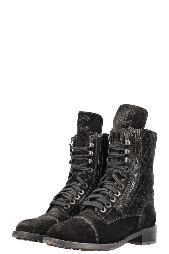 CHANEL Combat Boots Suede Black