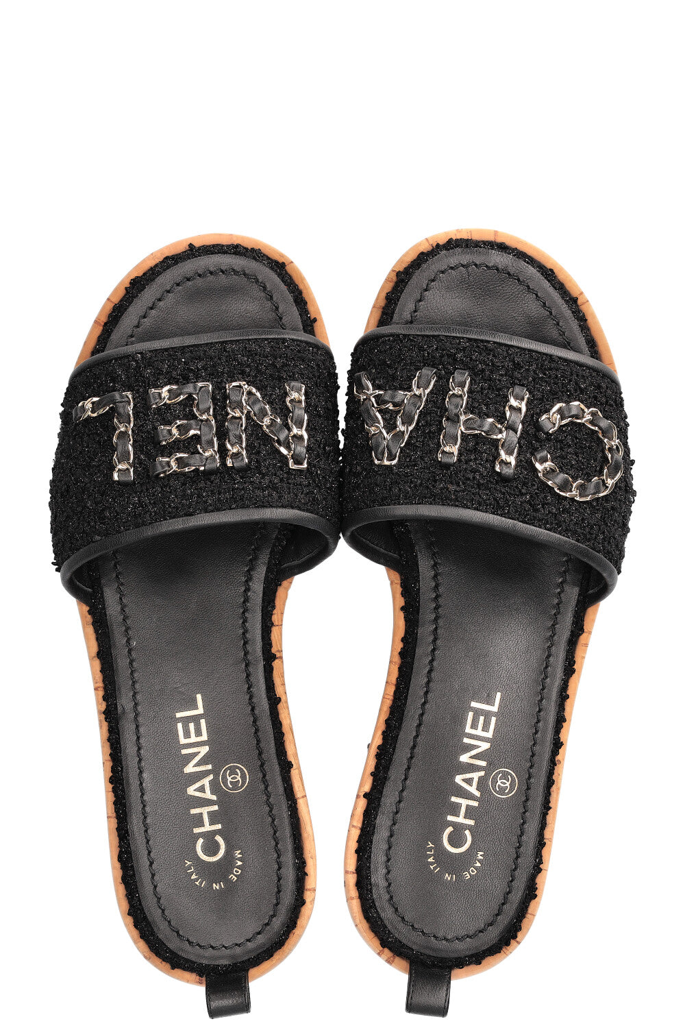 CHANEL Logo Flats Tweed Black