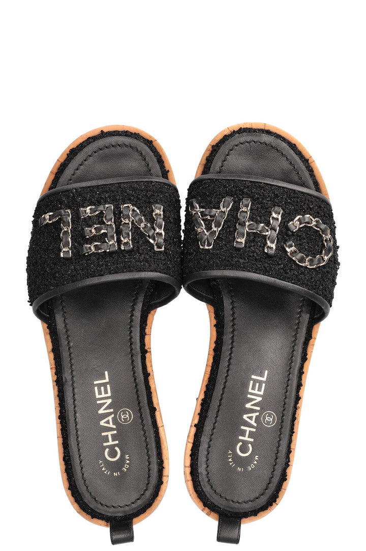 CHANEL Logo Flats Tweed Black