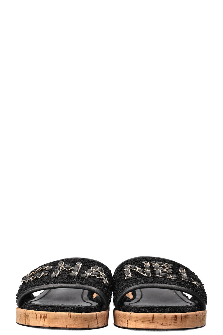 CHANEL Logo Flats Tweed Black
