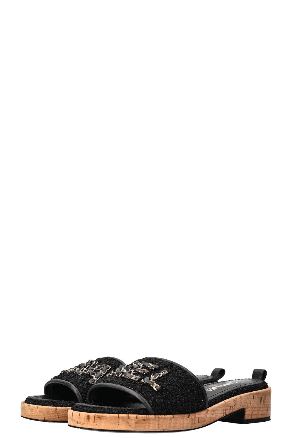 CHANEL Logo Flats Tweed Black