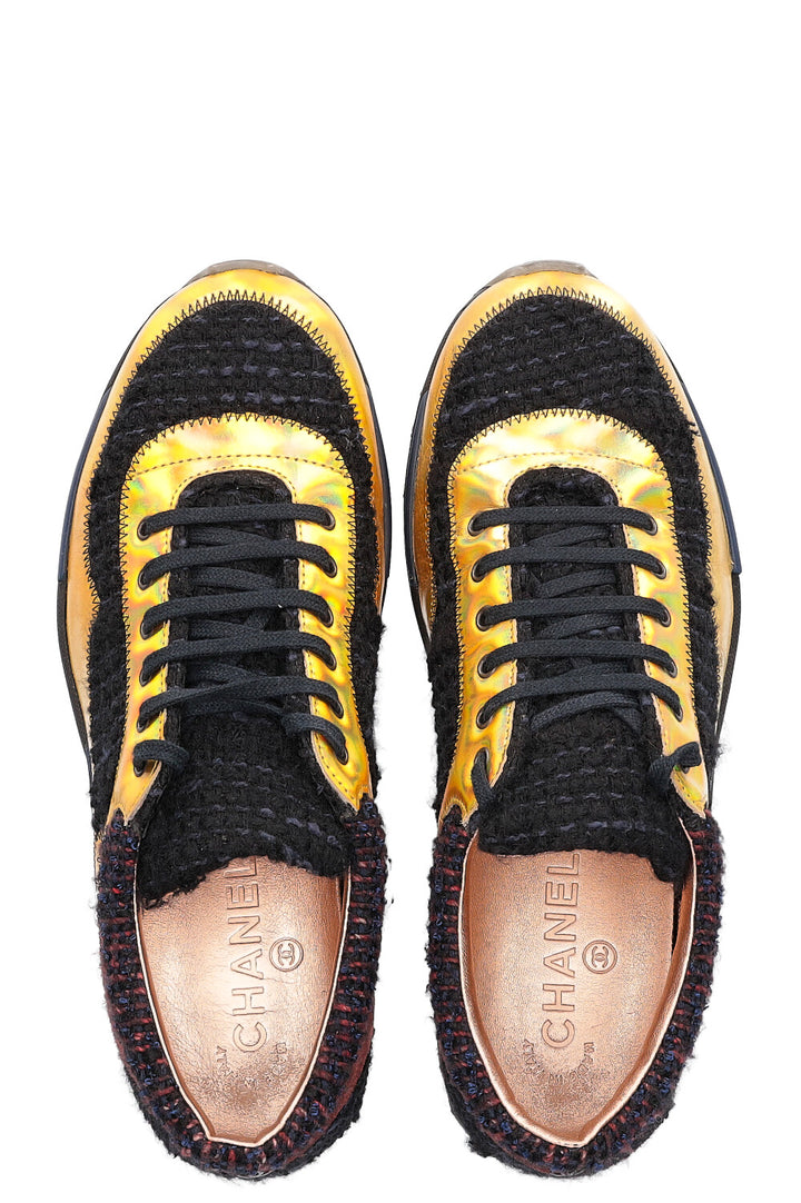 CHANEL sneakers tweed metallic gold